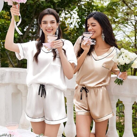 Silk Pajama for Women Short Sleeve Satin Pj Set Two Piece Soft Sleepwear Loungew - Picture 3 of 6
